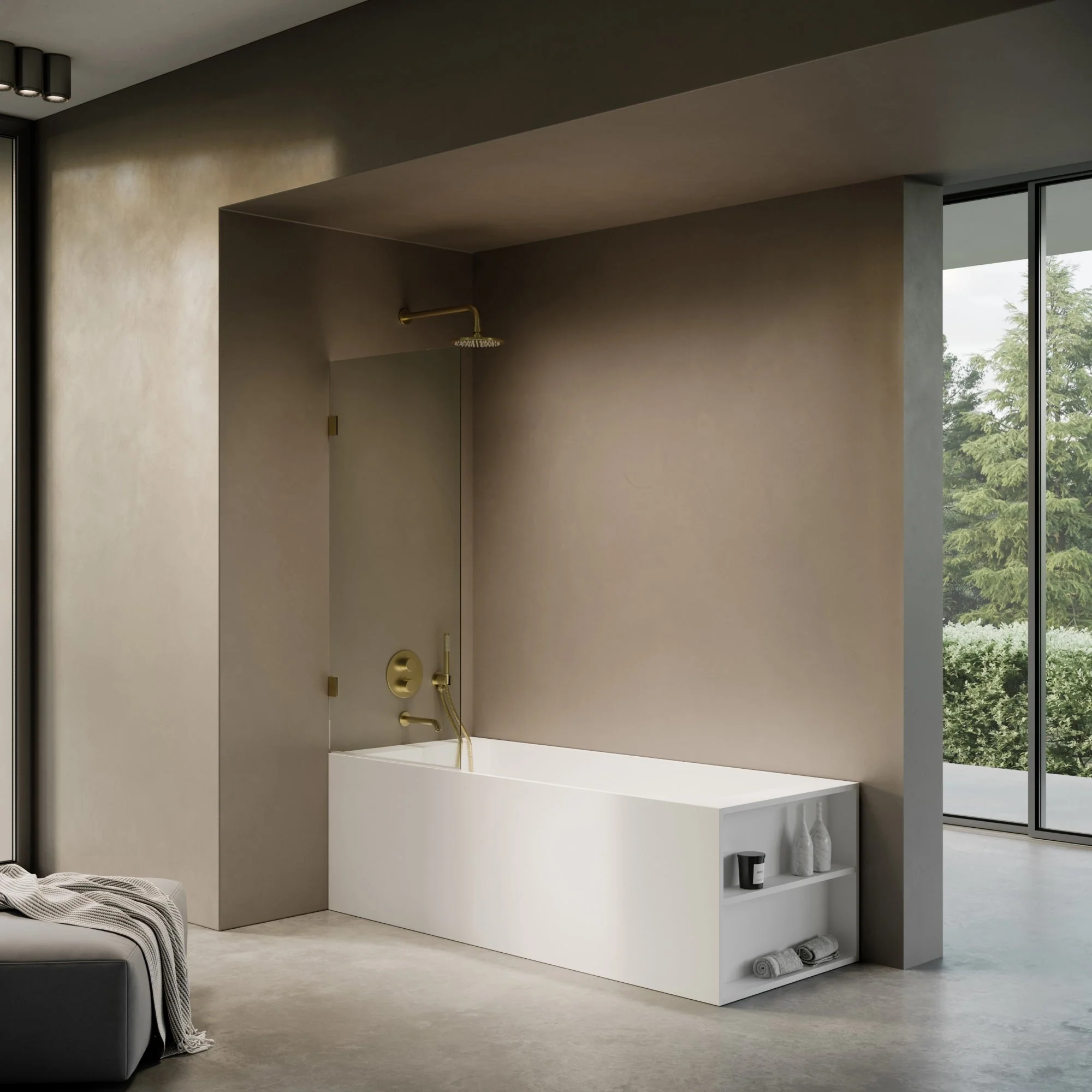 Cabina Brushed Gold Frameless Hinged Bath Shower Screen 800mm - Image 3