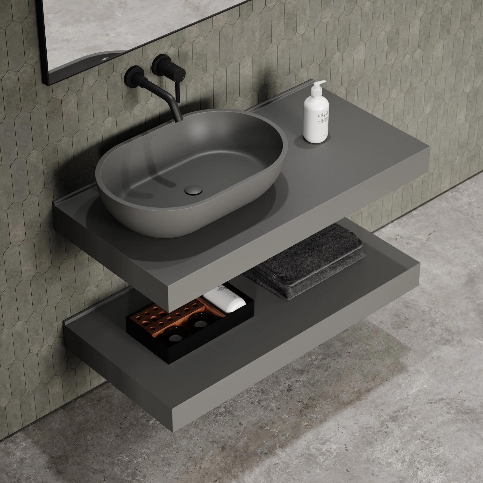 Stone Wall Hung Countertop Basin Shelf & Towel Shelf (1000mm Wide - Clay) - Image 4