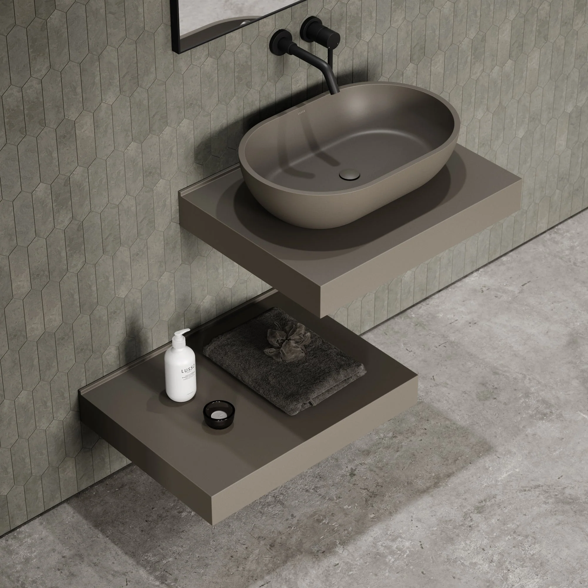 Stone Wall Hung Countertop Basin Shelf & Towel Shelf (660mm Wide - Earth) - Image 4
